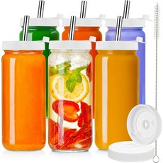 Ritayedet 6팩 16온스 유리 주스병 6개 빨대와 8개의 나사 뚜껑 전체100 밀폐 재사용 가능한 음료 항아리 여행용 물병 주스용 키 큰 메이슨, 6 pack, 16 oz