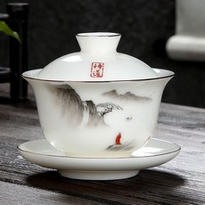 羊脂玉蓋碗 白瓷描金大號山水三才茶碗 功夫茶具 家用茶備, 白瓷蓋碗-悟道, 1個