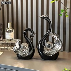 DFMEI 陶瓷工藝品水晶球情侶天鵝擺件玄關客廳酒櫃電視櫃裝飾品手工婚慶, 黑色色天鵝水晶一對