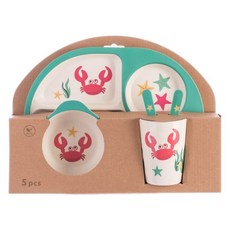 YIChu-創意竹粉竹纖維兒童餐具套裝五件套幼兒園寶寶卡通分格碗餐盤叉勺 8ROW, 長方形章魚 5件套, 1個