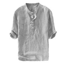 남성용 헨리 티셔츠 리넨 면 셔츠 버튼 업 비치 탑 캐주얼 반바지 반소매 경량 무지 티 화이트 02 Large 268566, Gray 02