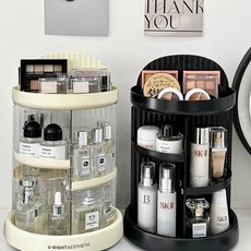 보관함 화장대 회전 대용량 화장실 향수 트레이 화장품정리함 3단, G. 투명한 커스터드 + 클래식 블랙