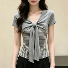 ROYALBELLE 여성 브이넥 리본매듭 스트라이프 배색 레이어드 슬림핏 반팔 티셔츠