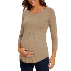 GLAMP 램프unch 여성용 임산부 상의 쇼트 & 7부 소매 라운드넥 프론트 플리츠 페플럼 튜닉 탑 셔츠 라이트 브라운. XL 120704