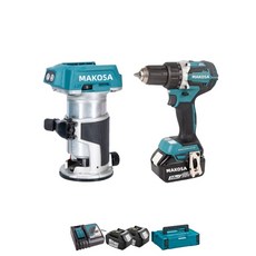MAKOSA 木工修邊機 無刷電鑽, 1個, 電鑽+修邊機兩電一充+工具箱