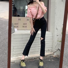 [Myshe]여성 레깅스 바지 찢청 블랙 봄 여름 Night9617FEI617KZ09, 4XL, 1개