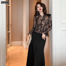 DFMEI 여름옷 프렌치 펀칭 슬림 탑 디자인 라운드 날씬해 보이는 레이스 블라우스 여20333