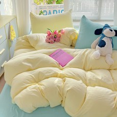 1급 믹스매치 단색 워시드 면 4종 세트 초부드러운 구름 면 기숙사 3종 세트 4종 세트, 카테고리 A - 믹스 앤 매치 - 노란색과 녹색, 0.9m 침대 시트 3종 세트(이불커버 1.5x2m)