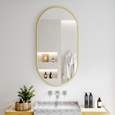 뷰티피크 타원형 벽거울 화장대거울 욕실거울 강화안전유리, 골드43cm
