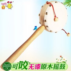 桃園有貨 原木貨郎鼓 兒童手搖撥浪鼓 牛皮鼓面 傳統波浪鼓 寶寶啟蒙玩具, 1個