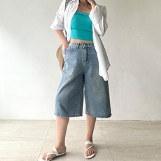 네모엔룩 데님7부 여성용 빈티지 연청 청바지 와이드 A라인핏 체형커버 워시드 청 버뮤다 하프팬츠