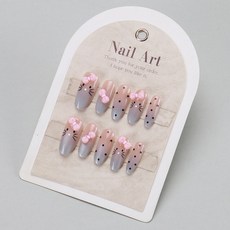 爆款手工穿戴甲片高級感愛心蝴蝶結珠鏈美甲片成品30片假指甲貼片, 1個, BY2018手工甲XS碼#10片/袋:膠水款