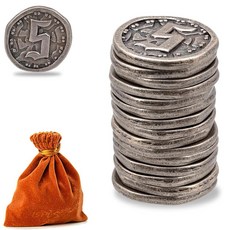 Prefdo 보드 게임용 금속 동전 50개 포커 RPG 전략 테이블 탑 게임 판타지 메탈 코인 튼튼한 일반 게임 화폐용 골드 & 실버 토큰, Prefdo 보드 게임용 금속 동전 50개, 포커, R, 밸류 5 코인