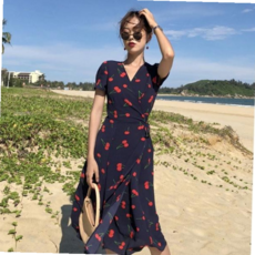 무늬원피스 남색 허리끈 여성 랩원피스 원피스 롱원피스 여름원피