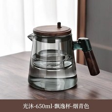 玻璃內膽飄逸杯 650ml 透明耐熱沖茶壺 附4個150ml把手杯 功夫茶具套裝, 1個, 煙灰凈心飄逸壺