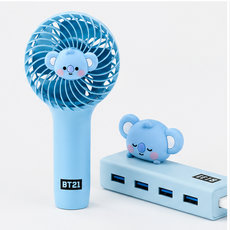 BT21 KOYA 手持風扇 USB集線分享器組合, 淺藍色, 手持風扇, USB集線器