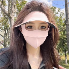 DFMEI 防曬面罩女夏季新款防紫外線口罩冰絲透氣一體全臉防護帽防曬面罩, 17.5 x 9.5cm, 黑膠帽檐掛耳式【櫻花粉】:如圖