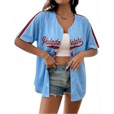 야구 저지 여성용 게임 데이 셔츠 야구 선수 그래픽 티 버튼 업 반소매 팬 탑 블루. XXL