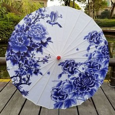 우산 악세사리 소품 전통공예 양산 대나무 양산우산, 반쯤 닳음, 청화백모란신실직물
