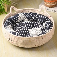 여름용 라탄 고양이집 사계절 사용 가능 쿨 고양이 스크레쳐 하우스, 1개, 블루 쿠션+베개