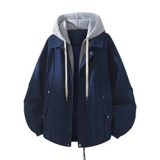 美式假兩件連帽夾克外套 男 春秋季 復古工裝 衝鋒衣