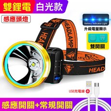 感應頭燈丨聚光遠射LED頭燈 釣魚頭燈 登山頭燈 工地燈 礦燈 頭戴式手電筒 電量顯示, 白光, 1個