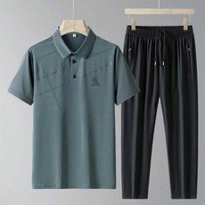 休閒套裝運動套裝中老年套裝冰絲短袖冰絲長褲Polo衫冰絲Polo衫商務休閒套裝爸爸裝兩件套Polo衫男