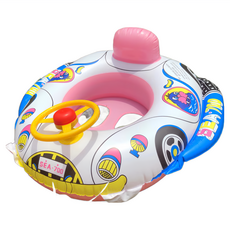 可愛工程車造型兒童泳圈，安全穩固附修補片，夏季水上玩具首選, 粉色警車艇(適1-4歲), 1個