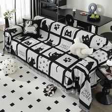 貓咪圖案沙發巾，奶油風簡約一片式沙發墊蓋布，通用沙發套罩, 黑貓剪影,180x230