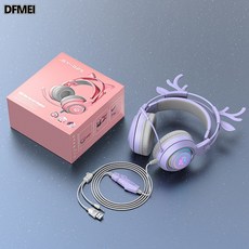 DFMEI 可愛貓耳遊戲電腦耳機電競耳麥, SY-G25紫色鹿耳發光耳機帶包裝(配贈一分二線), 如圖
