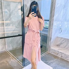 男女通用毛巾料薄款睡袍, 男女衕款 粉色 短袖毛巾料 ,M 適閤80-120斤