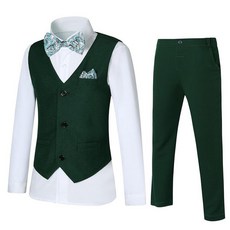 DISAUR 남아용 정장 6피스 남아용 포멀웨어 조끼 바지 드레스 셔츠 스카프 및 나비 넥타이 포함 공식 행사용 만 6-10세 그린 6개