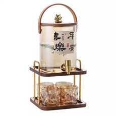 舒窩家居 新中式耐熱玻璃冷水壺 3.6公升 帶龍頭果汁壺, 【駕馭-20度-120度無壓力】_【琥珀色】招財貓木蓋3.6公升水桶+4木柄杯, 1個, 3.5L