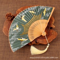 DIU 摺扇新中式古風飛鶴扇子中國風夏季日用仙氣漢服旗袍摺疊空舞蹈, 1個, 墨綠鶴:不帶扇套