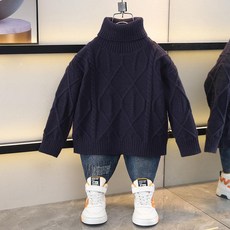 남아용 하이넥 니트 겨울 두꺼운 아동, 네이비블루