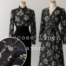 일본수입 비스코스 린넨 드로잉 플라워 원단 (블랙&화이트) 로하이마켓 단독