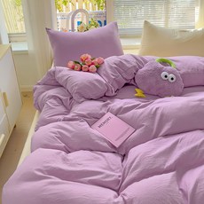 1급 믹스매치 단색 워시드 면 4종 세트 초부드러운 구름 면 기숙사 3종 세트 4종 세트, 카테고리 A - 믹스 앤 매치 - 보라색과 노란색, 0.9m 침대 시트 3종 세트(이불커버 1.5x2m)