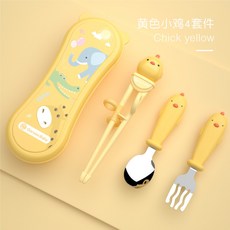 XFH-兒童訓練筷寶寶學習筷子練習小孩兒童餐具叉勺筷套裝 LN7E, 活力橙小雞學習筷+勺+叉+盒, 1個