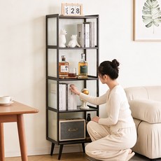 쿠리브 거실책장 진열대 천연 소재 수납선반 다기능 아크릴 장식수납장, 블랙, 4단