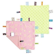 해외 CREVENT Tag Security 아기용 담요 남아용 부드럽고 작은 러비 아기 이불 감각 생일 베이비 샤워를 위한 훌륭한 선물 25.4 x 25.4cm10 10인치 8, Green + Pink Star.