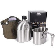 Goetland 스테인리스 스틸 2차 세계 대전 미국 군용 수통 키트 1QT 0.5QT 컵 나일론 커버 G.I.포함, 0.5QT 그랩 핸들 컵이 있는 0.9L(1쿼트)