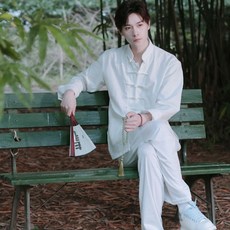 棉麻中國風唐裝男女同款新中式套裝，復古盤扣居士漢服中山裝太極服