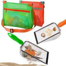 MUYIZI 메시 쉘 백이 있는 비치 메시 삽 껍질을 집을 수 있는 아동용 필터 샌드 스쿠퍼 남아 및 여아용 상어 이빨 체 디퍼 해변 장난감 액세서리 (오렌지+그린), 오렌지+그린