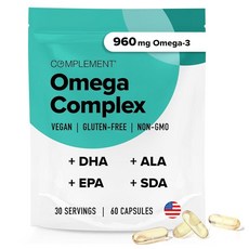 Complement 비건 오메가 3 보충제 - 960mg 오메가-3 지방산 DHA EPA SDA ALA 면역 지원 60회분 액체 캡슐 120개, 30 Servings (Pack of 1), 1, 120