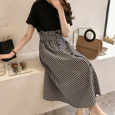 여자 여름 룩 체크 롱 스커트 반팔 mar4+2qnN