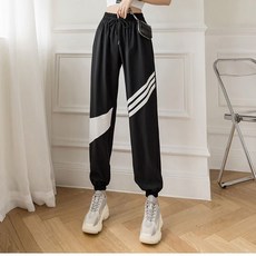 冰絲運動褲女 夏季薄款條紋高腰寬松速干跑步瑜伽休閑束腿哈倫褲