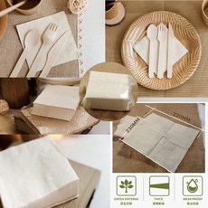 GoGraphy 純牛皮紙木製環保餐具組，甜點蛋糕盤派對宴客裝飾，慶生聖誕節適用, 原色木漿餐巾紙 50張, 1個