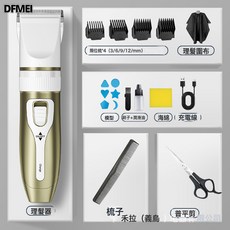 DFMEI 電動理髮器，USB充電式家用理髮剪，可水洗刀頭，多檔位調節, 陶瓷刀頭-白金-套餐一【海綿+梳子模型+圍布+平剪】:C5