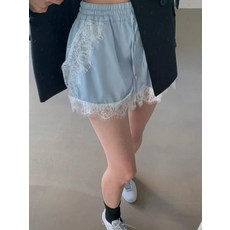 여성 반바지 레이스 밴딩 여름 새틴 캐주얼 허리 팬츠 블루 프리사이즈