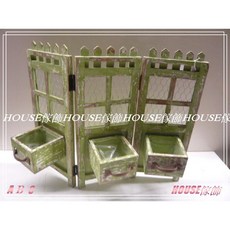 House傢飾 zakka南法田園鄉村風格舊Loft工業風 三片式柵欄屏風造型花器 花架-綠, 1個